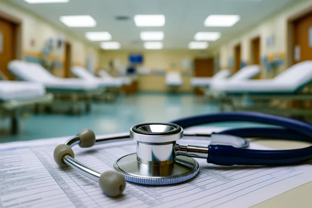 Emergency room department with stethoscope on top of a cashflow leger.