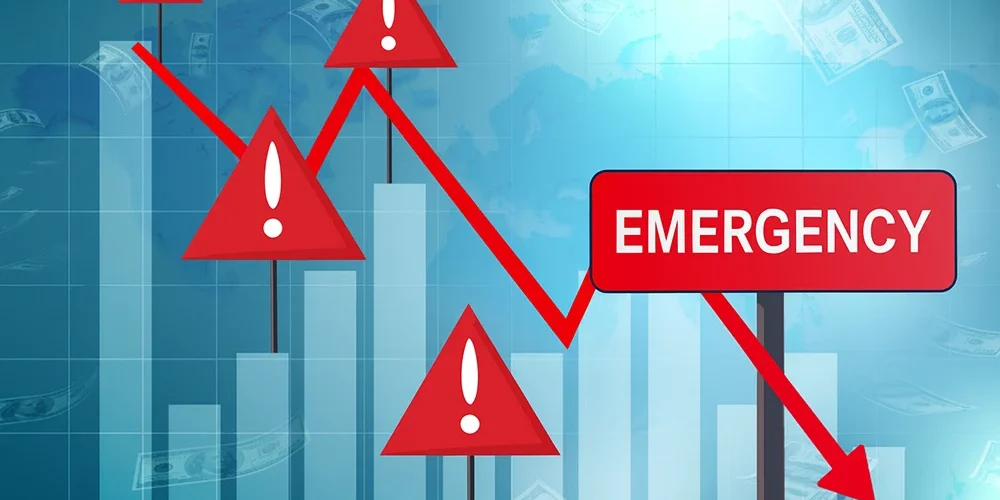 Red flags against a chart of declining cash flow profits.