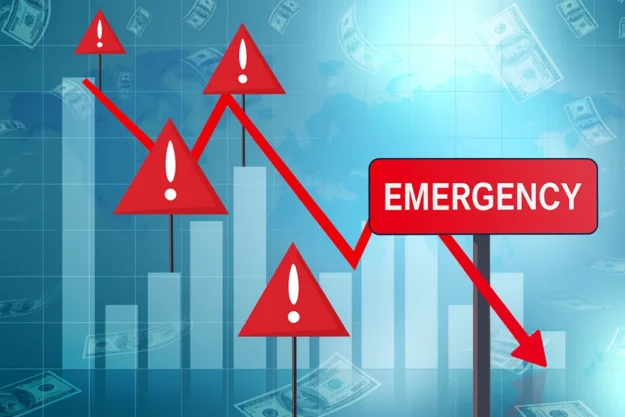 Red flags against a chart of declining cash flow profits.