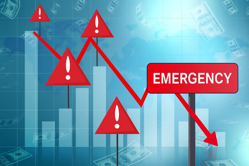 Red flags against a chart of declining cash flow profits.