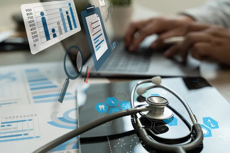 Healthcare professional analyzing billing metrics and charts on a laptop with digital overlays, symbolizing KPI tracking in emergency and urgent care billing.