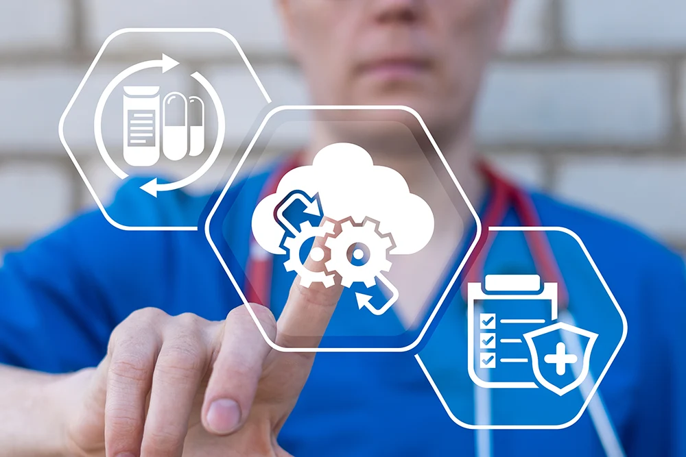 Doctor using digital icons for automation and data integration, illustrating billing technology upgrades for emergency and urgent care practices.