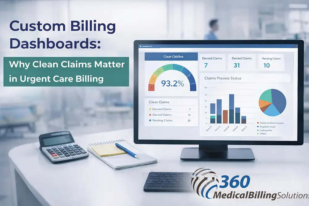 Custom billing dashboards showing clean claim rates and claim status metrics for urgent care billing, with 360 Medical Billing Solutions branding visible on the monitor and desk