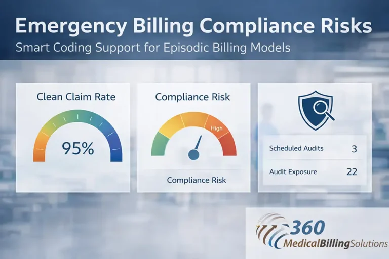 Emergency billing compliance risks illustrated through clean claim rate and compliance risk dashboards for episodic billing models, featuring 360 Medical Billing Solutions branding.