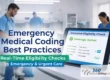 Emergency medical coding best practices with real-time insurance eligibility check in an emergency room, featuring 360 Medical Billing Solutions branding