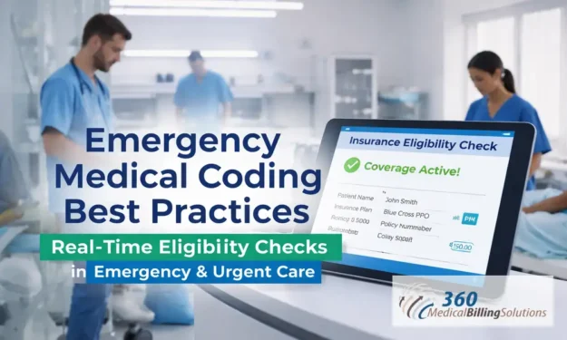 Emergency medical coding best practices with real-time insurance eligibility check in an emergency room, featuring 360 Medical Billing Solutions branding