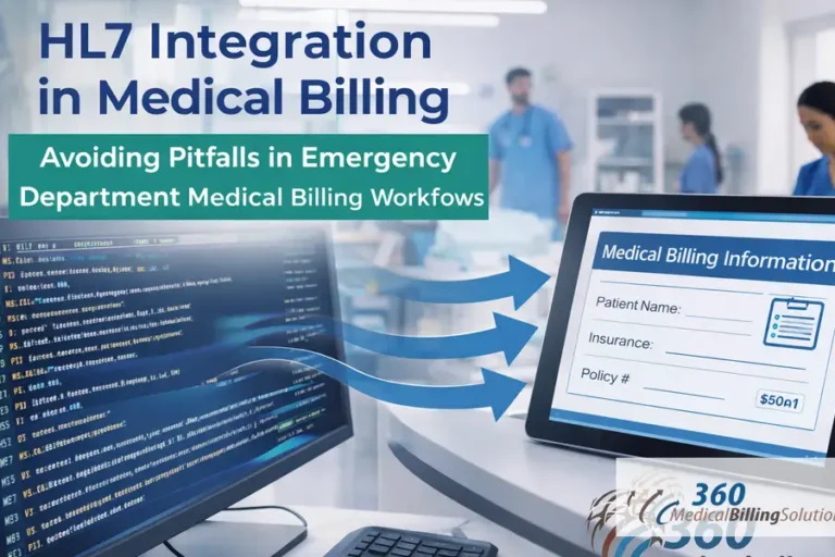 HL7 integration in medical billing showing secure data exchange in an emergency department workflow, featuring 360 Medical Billing Solutions branding.