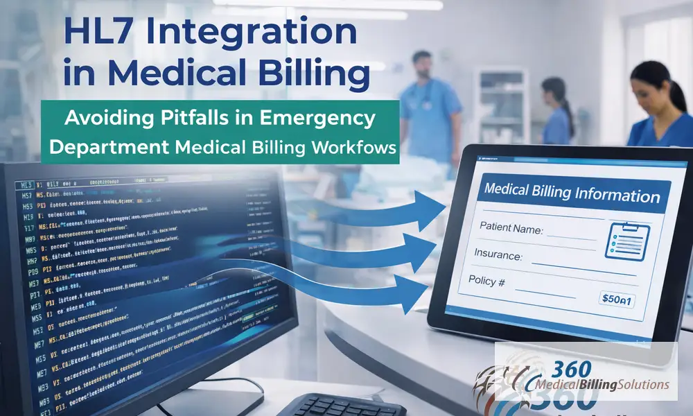 HL7 integration in medical billing showing secure data exchange in an emergency department workflow, featuring 360 Medical Billing Solutions branding.