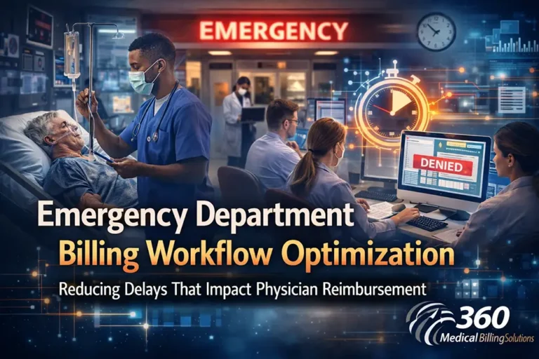 Emergency department billing workflow optimization showing healthcare staff, patient care, denied claims screen, and strategies to reduce delays in physician reimbursement.
