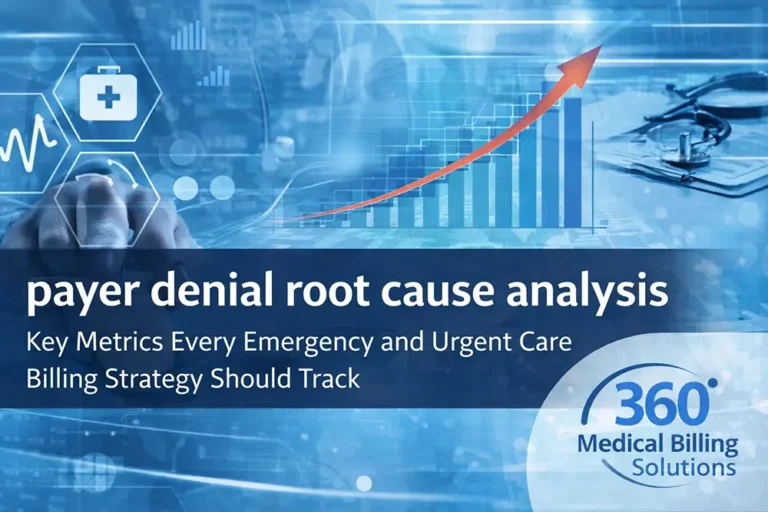Payer denial root cause analysis dashboard showing key billing metrics for emergency and urgent care with growth chart and medical billing solutions branding