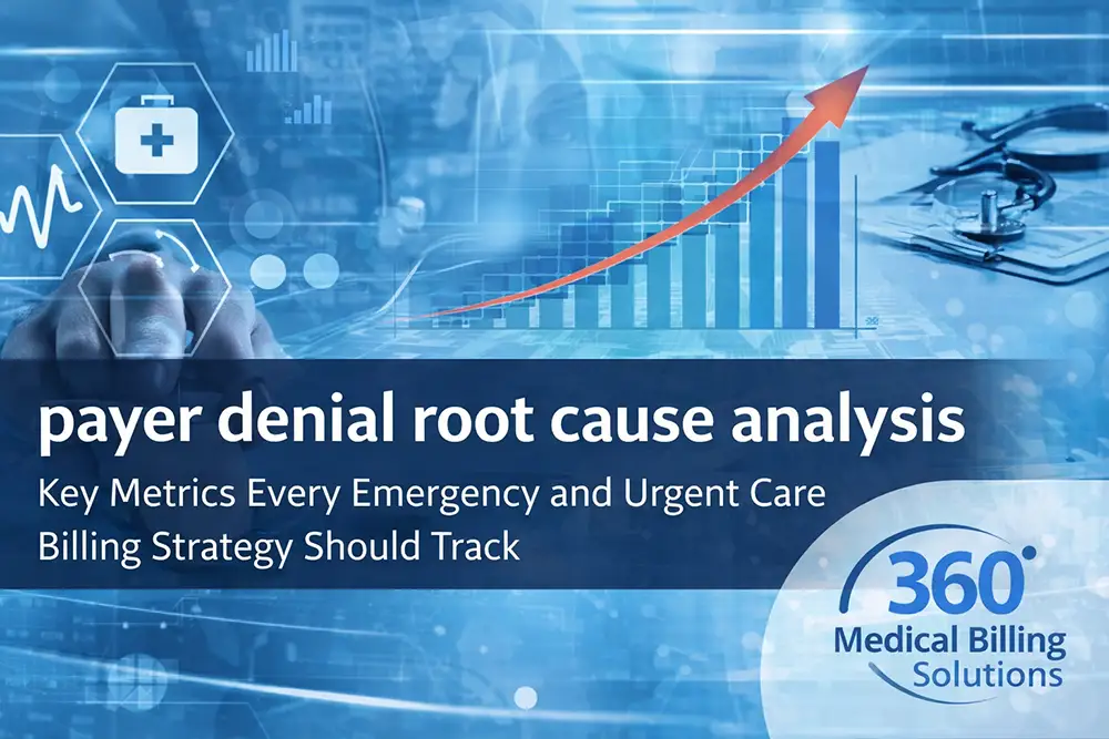 Payer denial root cause analysis dashboard showing key billing metrics for emergency and urgent care with growth chart and medical billing solutions branding