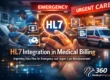 HL7 integration in medical billing for emergency and urgent care, showing healthcare data flow, ambulance services, patient treatment, and digital connectivity improving reimbursement processes.