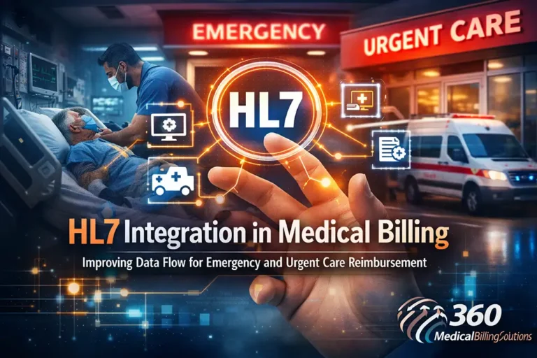 HL7 integration in medical billing for emergency and urgent care, showing healthcare data flow, ambulance services, patient treatment, and digital connectivity improving reimbursement processes.