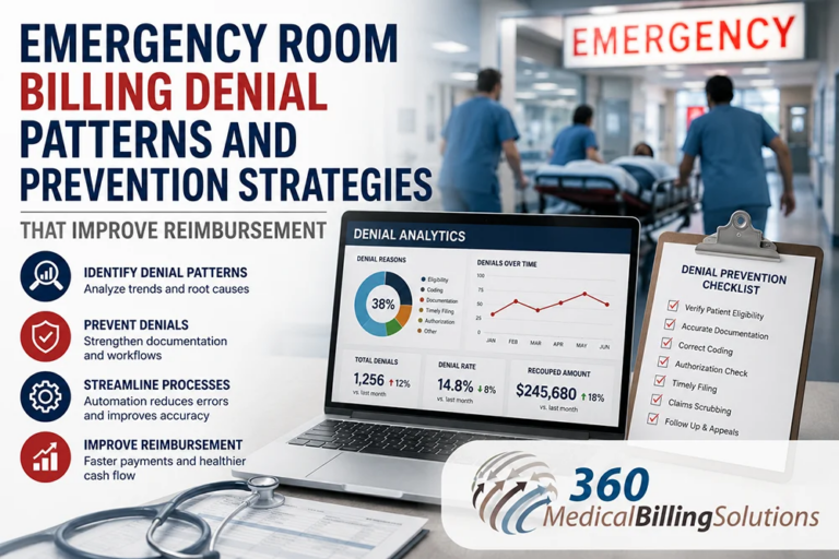 Emergency room billing denial patterns and prevention strategies infographic featuring denial analytics dashboard, reimbursement workflow graphics, emergency department scene, and 360 Medical Billing Solutions logo.