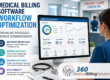 Medical billing software workflow optimization dashboard for emergency and urgent care featuring automated claims processing, reimbursement analytics, workflow automation graphics, and 360 Medical Billing Solutions logo.