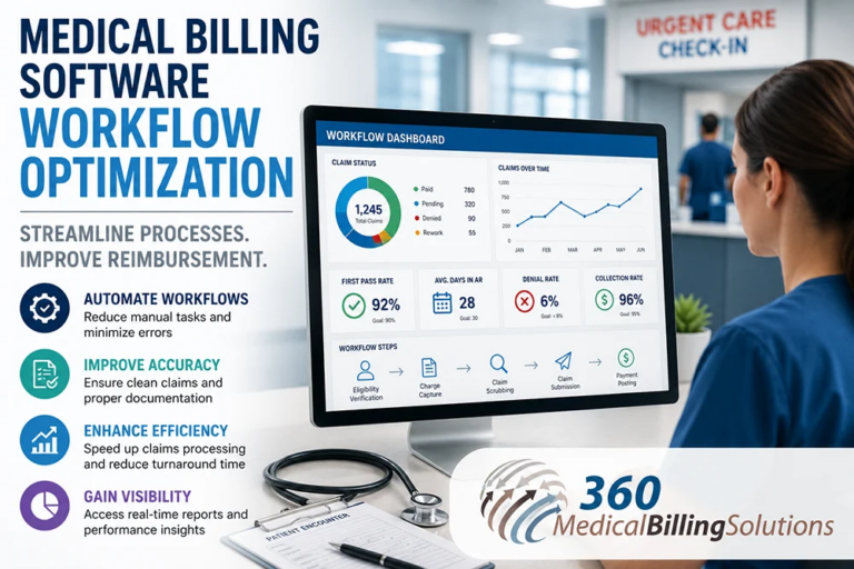Medical billing software workflow optimization dashboard for emergency and urgent care featuring automated claims processing, reimbursement analytics, workflow automation graphics, and 360 Medical Billing Solutions logo.