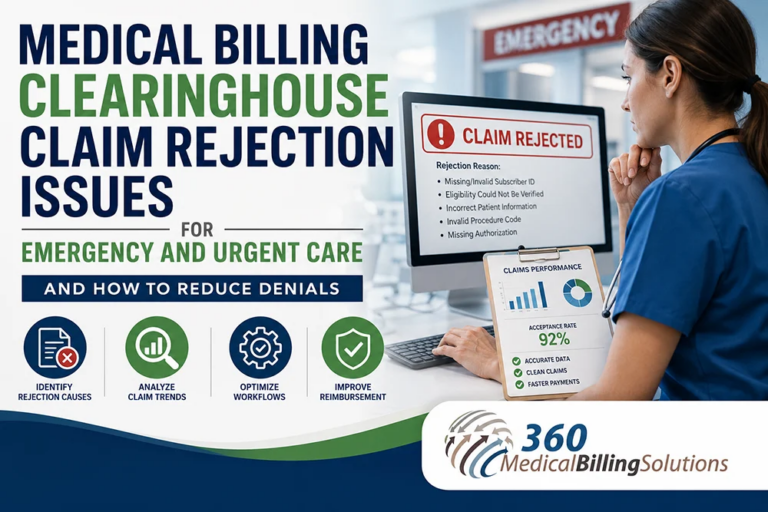 Medical billing clearinghouse claim rejection issues for emergency and urgent care featuring rejected claims dashboard, reimbursement analytics, workflow optimization graphics, and 360 Medical Billing Solutions logo.