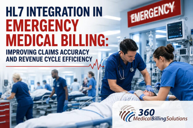 HL7 integration in emergency medical billing infographic showing emergency department workflow and revenue cycle efficiency.
