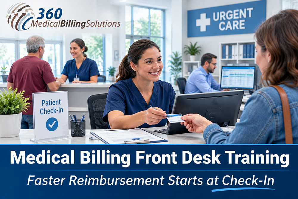 Front desk staff at a busy urgent care center verifying patient insurance information to improve medical billing accuracy, reduce claim denials, and support faster reimbursement.