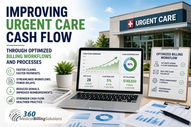 Improving urgent care cash flow through optimized billing workflows with analytics dashboard, revenue growth charts, and urgent care facility