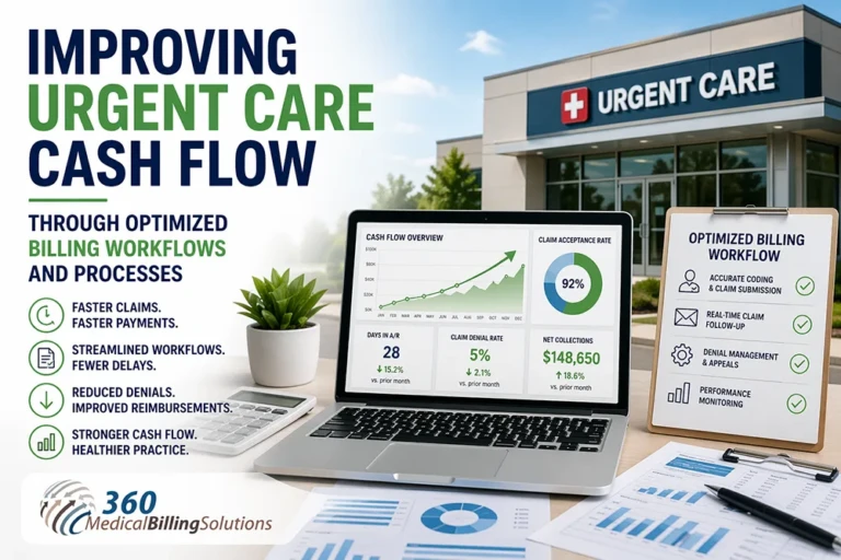 Improving urgent care cash flow through optimized billing workflows with analytics dashboard, revenue growth charts, and urgent care facility