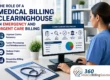 Medical billing clearinghouse for emergency and urgent care showing claim validation process and reimbursement workflow with healthcare professional at computer