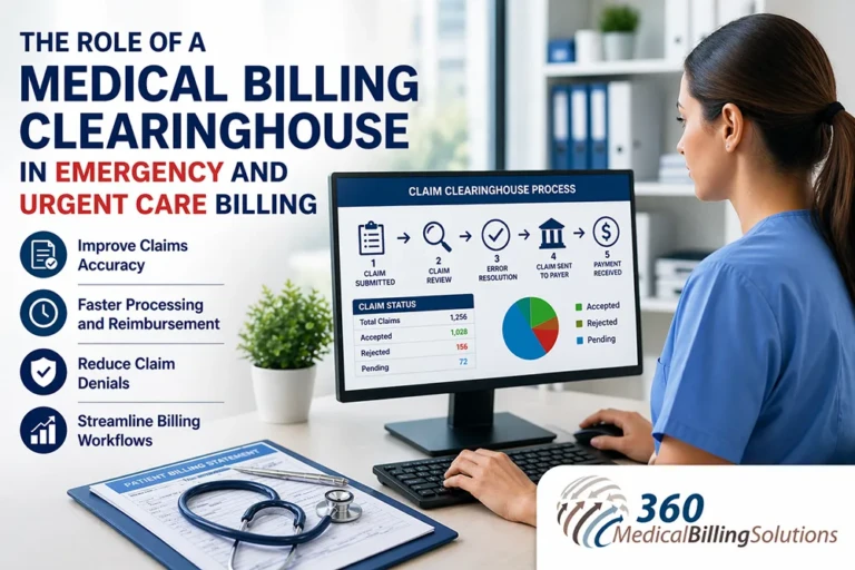 Medical billing clearinghouse for emergency and urgent care showing claim validation process and reimbursement workflow with healthcare professional at computer