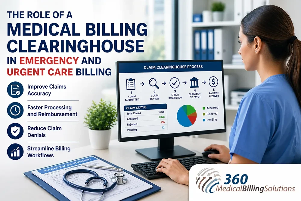 Medical-billing-clearinghouse-process-infographic Medical billing clearinghouse for emergency and urgent care showing claim validation process and reimbursement workflow with healthcare professional at computer