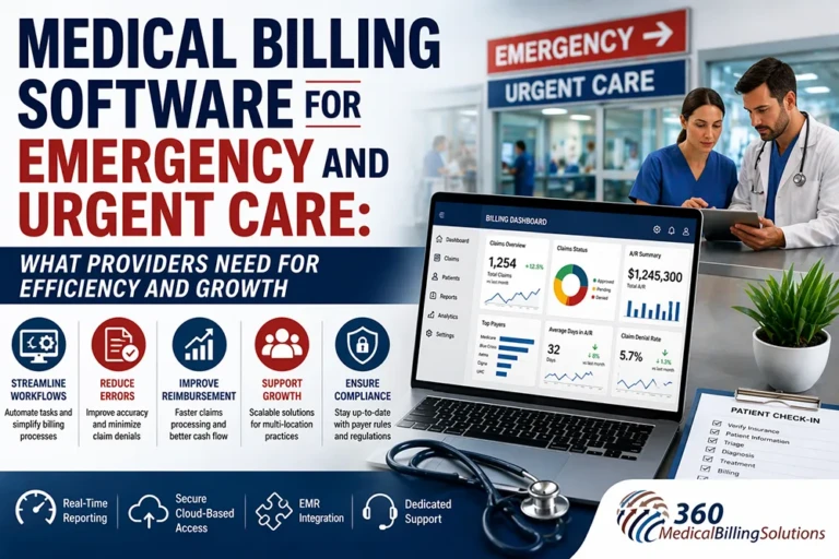 Medical billing software for emergency and urgent care showing billing dashboard, workflow automation, and improved efficiency for healthcare providers