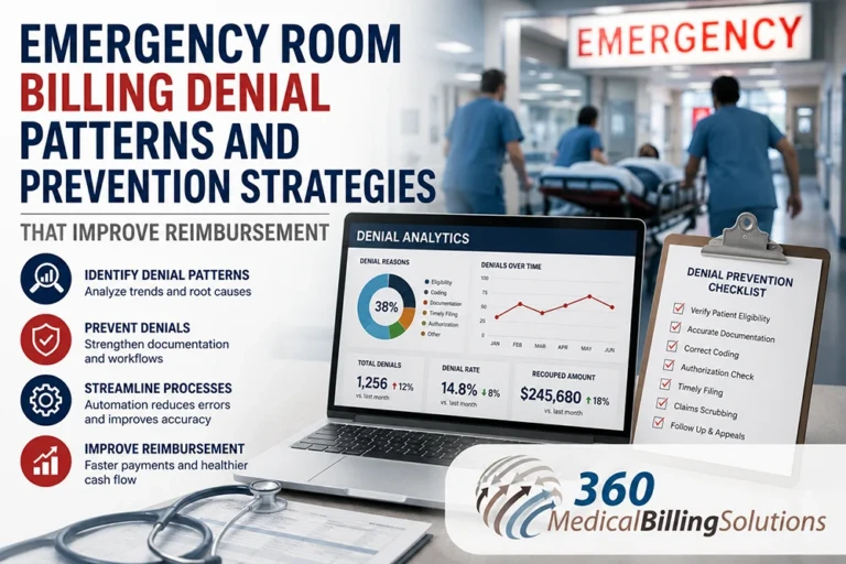 Emergency room billing denial patterns and prevention strategies infographic featuring denial analytics dashboard, reimbursement workflow graphics, emergency department scene, and 360 Medical Billing Solutions logo.