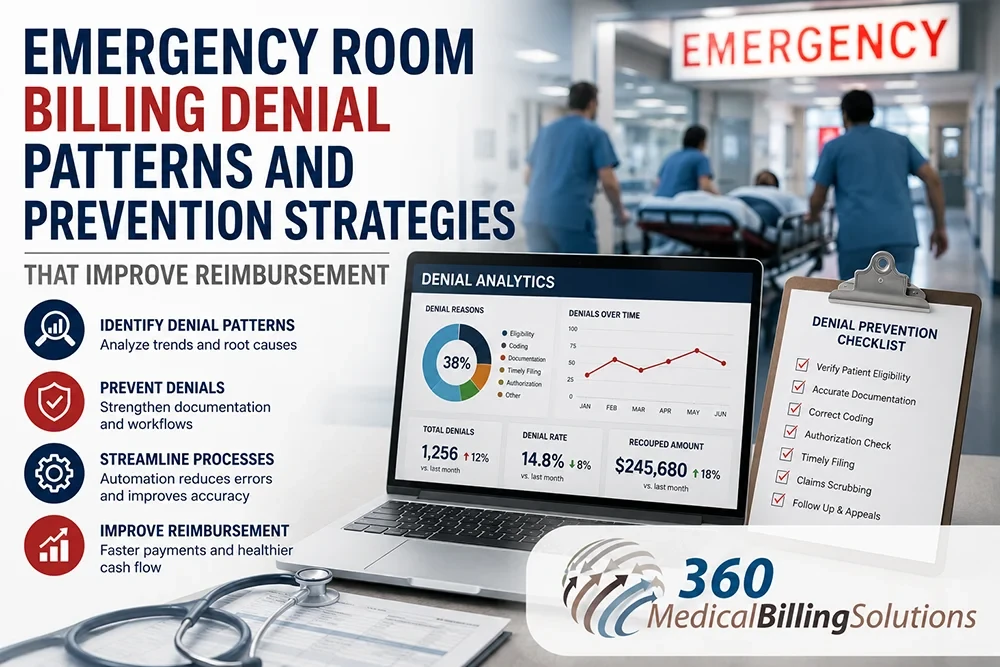 Emergency room billing denial patterns and prevention strategies infographic featuring denial analytics dashboard, reimbursement workflow graphics, emergency department scene, and 360 Medical Billing Solutions logo.