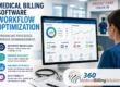 Medical billing software workflow optimization dashboard for emergency and urgent care featuring automated claims processing, reimbursement analytics, workflow automation graphics, and 360 Medical Billing Solutions logo.