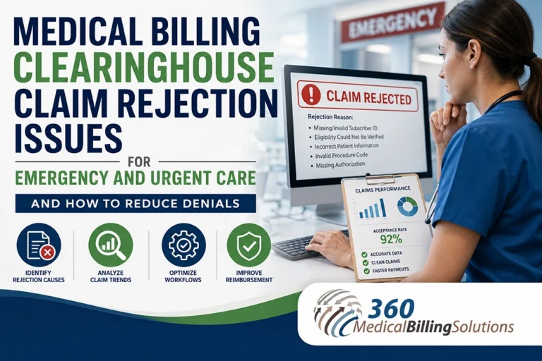 Medical billing clearinghouse claim rejection issues for emergency and urgent care featuring rejected claims dashboard, reimbursement analytics, workflow optimization graphics, and 360 Medical Billing Solutions logo.