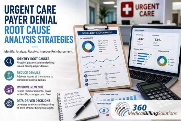 Urgent care payer denial root cause analysis strategies infographic featuring denial analytics dashboards, reimbursement trend reports, workflow planning tools, and 360 Medical Billing Solutions logo.