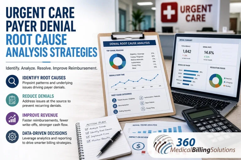 Urgent care payer denial root cause analysis strategies infographic featuring denial analytics dashboards, reimbursement trend reports, workflow planning tools, and 360 Medical Billing Solutions logo.