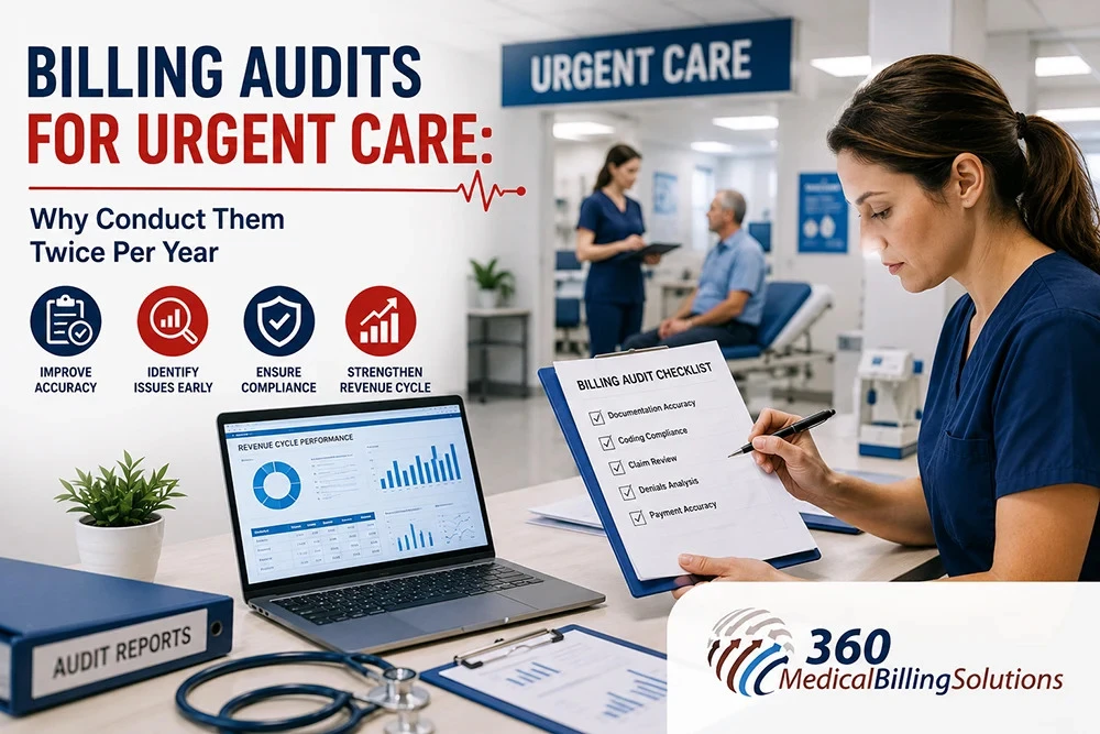 Billing audit for urgent care showing audit checklist, billing performance reports, and revenue cycle management.