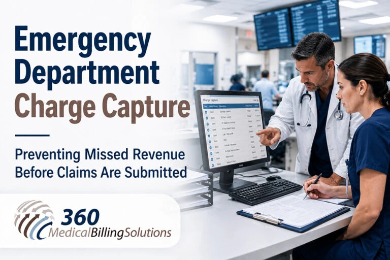 Emergency department charge capture professionals reviewing clinical documentation to prevent missed revenue before claims are submitted
