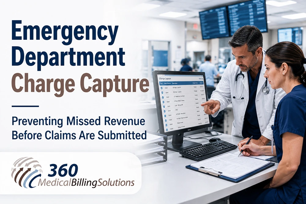 Emergency department charge capture professionals reviewing clinical documentation to prevent missed revenue before claims are submitted
