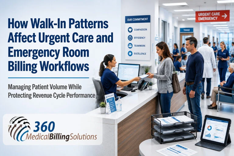 Busy urgent care and emergency department reception area illustrating how efficient billing workflows help manage fluctuating walk-in patient volume while protecting revenue cycle performance.