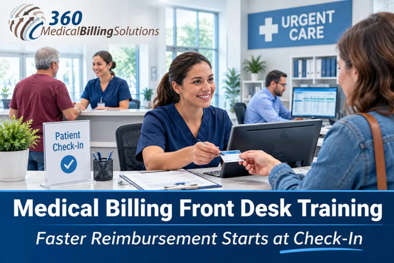 Front desk staff at a busy urgent care center verifying patient insurance information to improve medical billing accuracy, reduce claim denials, and support faster reimbursement.