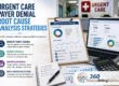 Urgent care payer denial root cause analysis strategies infographic featuring denial analytics dashboards, reimbursement trend reports, workflow planning tools, and 360 Medical Billing Solutions logo.