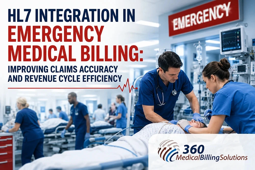 HL7 integration in emergency medical billing infographic showing emergency department workflow and revenue cycle efficiency.
